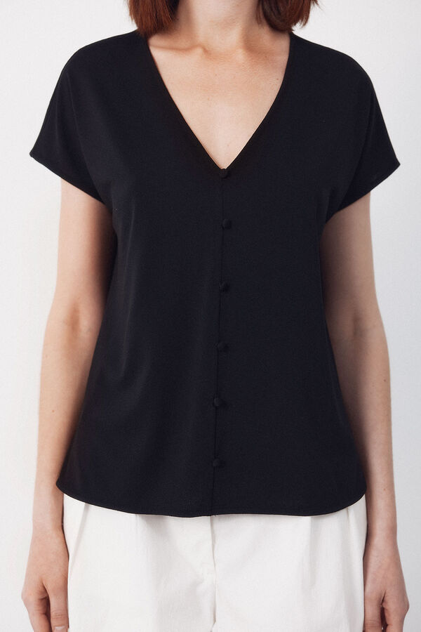 Cortefiel Playera con botones y escote en pico Negro