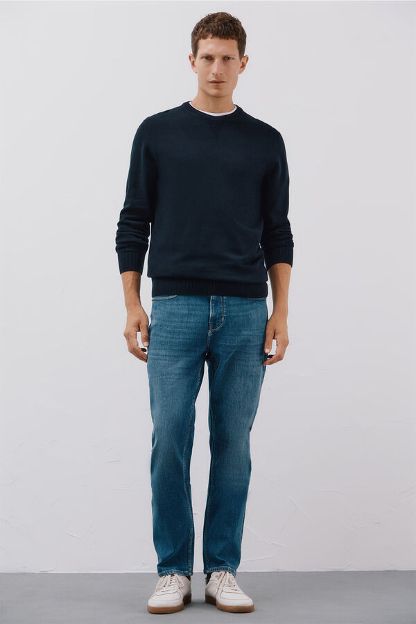 Cortefiel Suéter tejido fino algodón cuello redondo  Azul marino