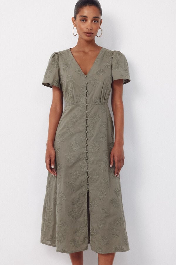 Cortefiel Vestido bordado Kaki
