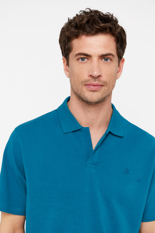 Cortefiel Polo piqué slub con cuello abierto Azul