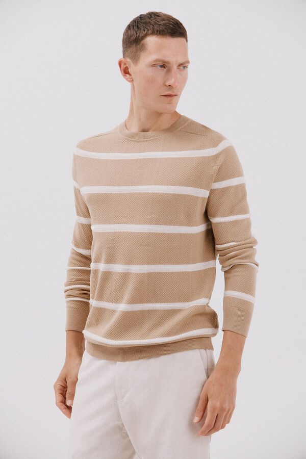 Cortefiel Suéter tejido fino rayas cuello redondo  Beige