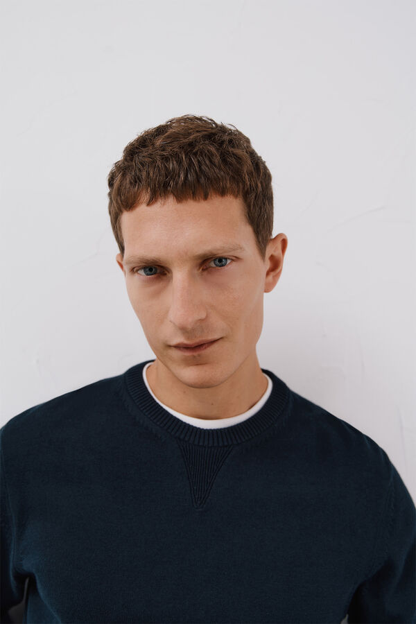 Cortefiel Suéter tejido fino algodón cuello redondo  Azul marino