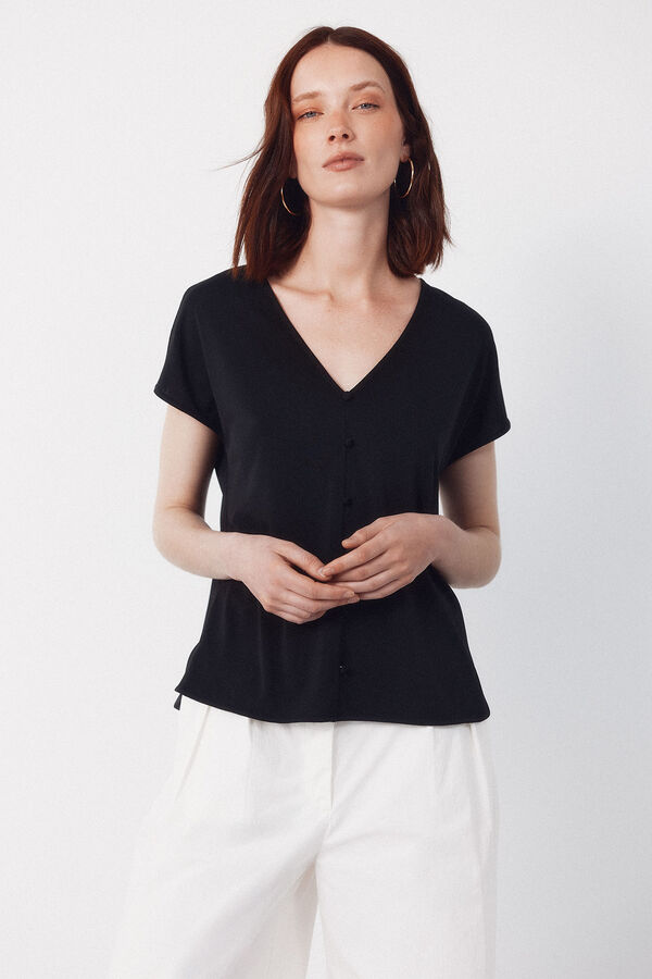 Cortefiel Playera con botones y escote en pico Negro