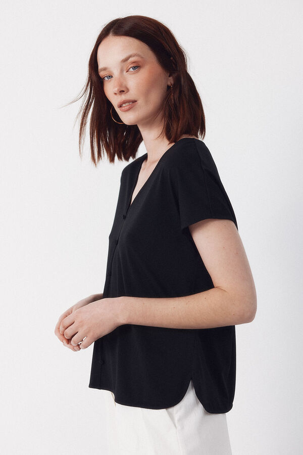 Cortefiel Playera con botones y escote en pico Negro