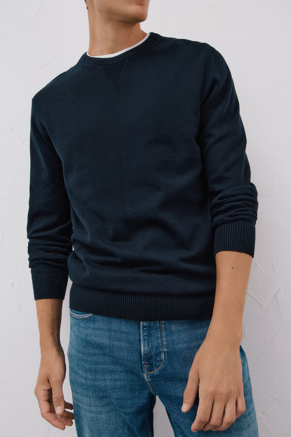 Cortefiel Suéter tejido fino algodón cuello redondo  Azul marino