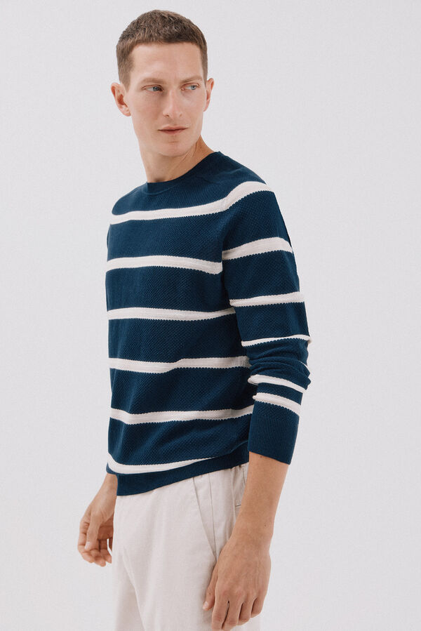 Cortefiel Suéter tejido fino rayas cuello redondo  Azul marino