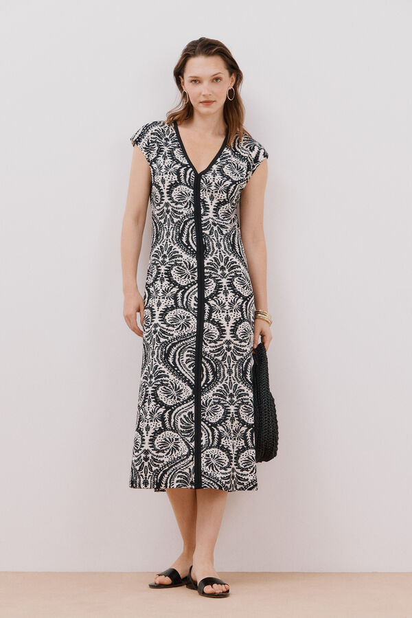 Cortefiel Vestido escote pico contraste Estampado blanco