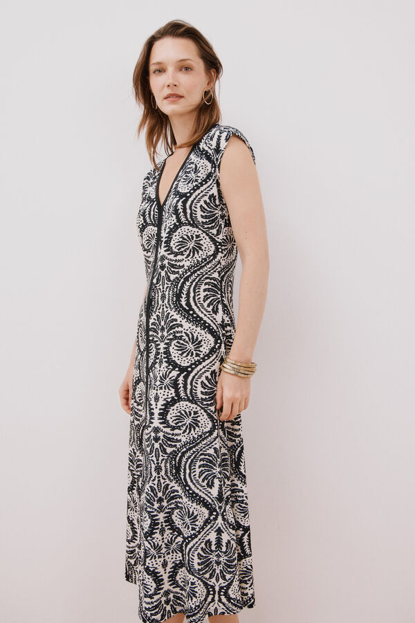 Cortefiel Vestido escote pico contraste Estampado blanco