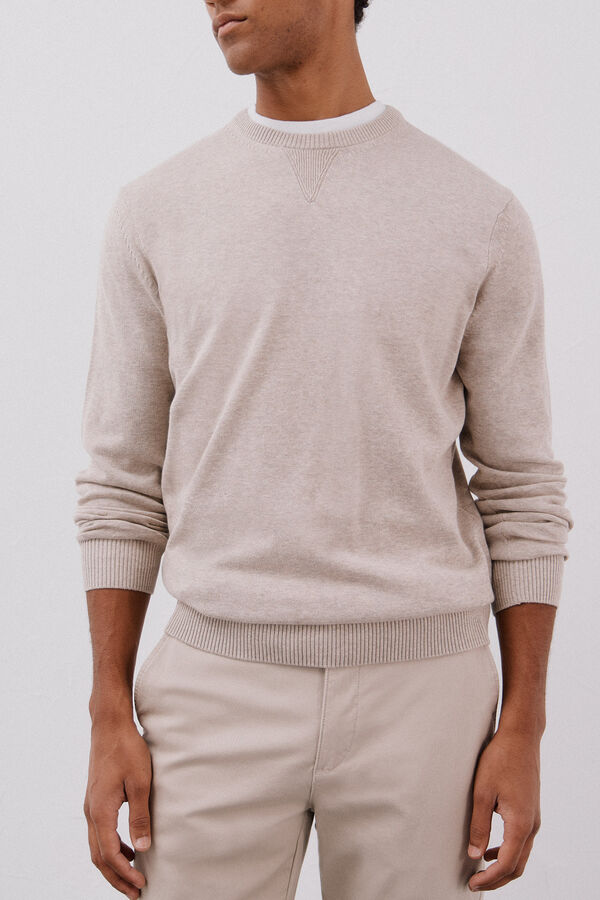 Cortefiel Suéter tejido fino algodón cuello redondo  Beige