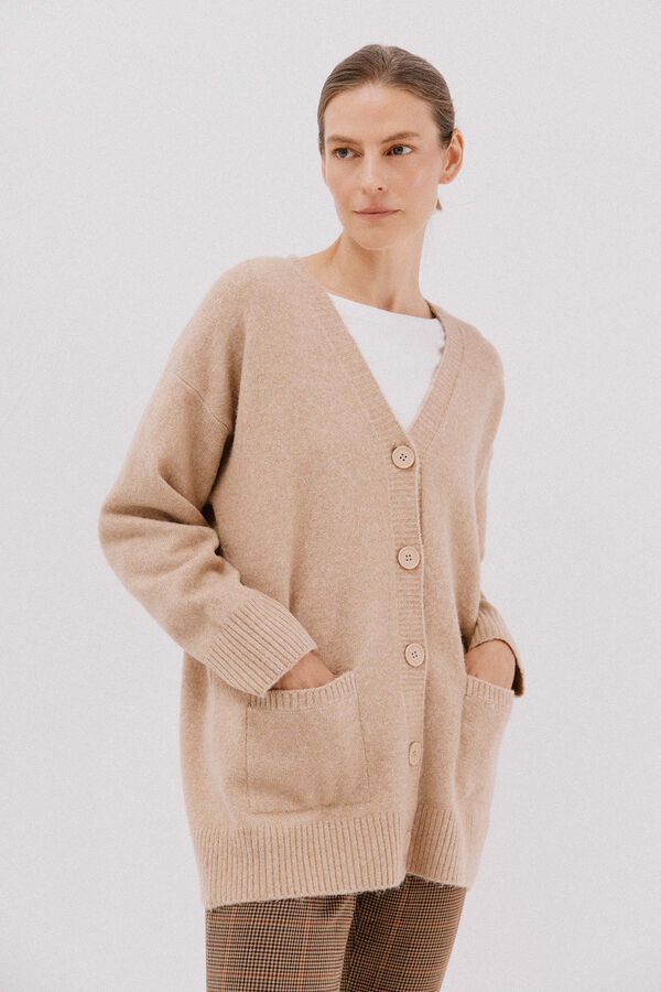 Cortefiel Cardigan largo bolsillos Beige