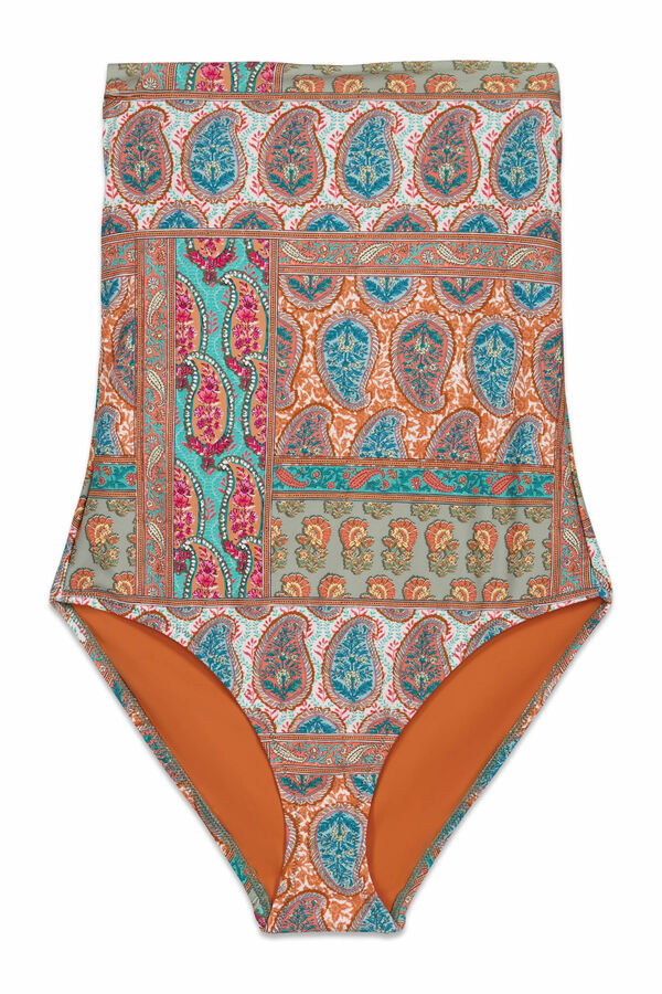 Cortefiel Traje de ba&ntilde;o modelador escote cuadrado Estampado naranja
