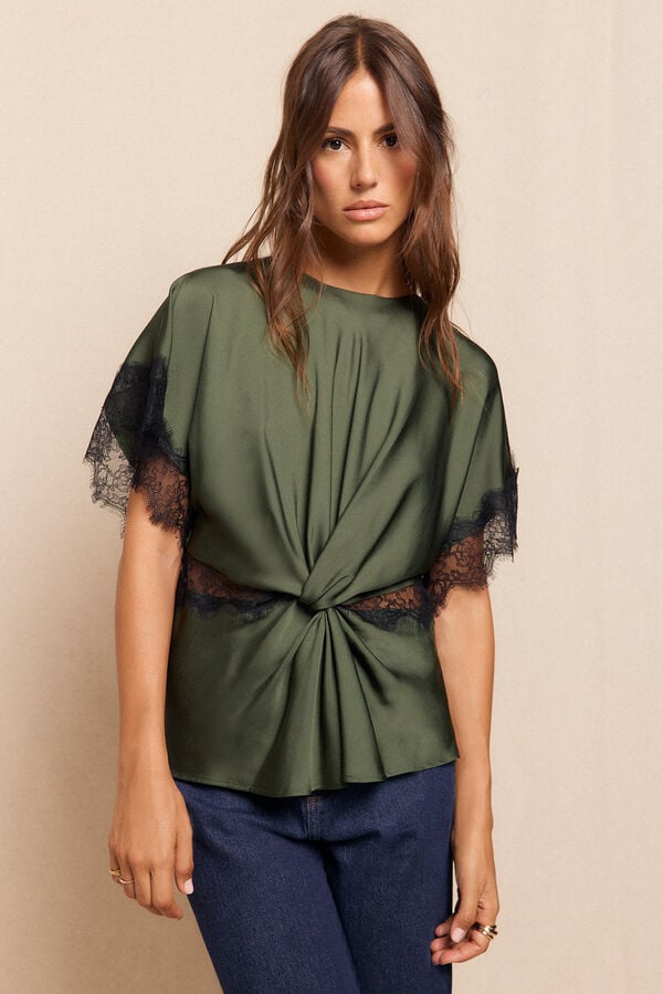 Slowlove Blusa satinada de encaje Verde oscuro