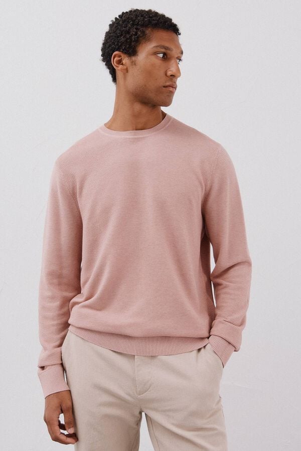 Cortefiel Suéter tejido fino estructura horizontal cuello redondo  Rosa