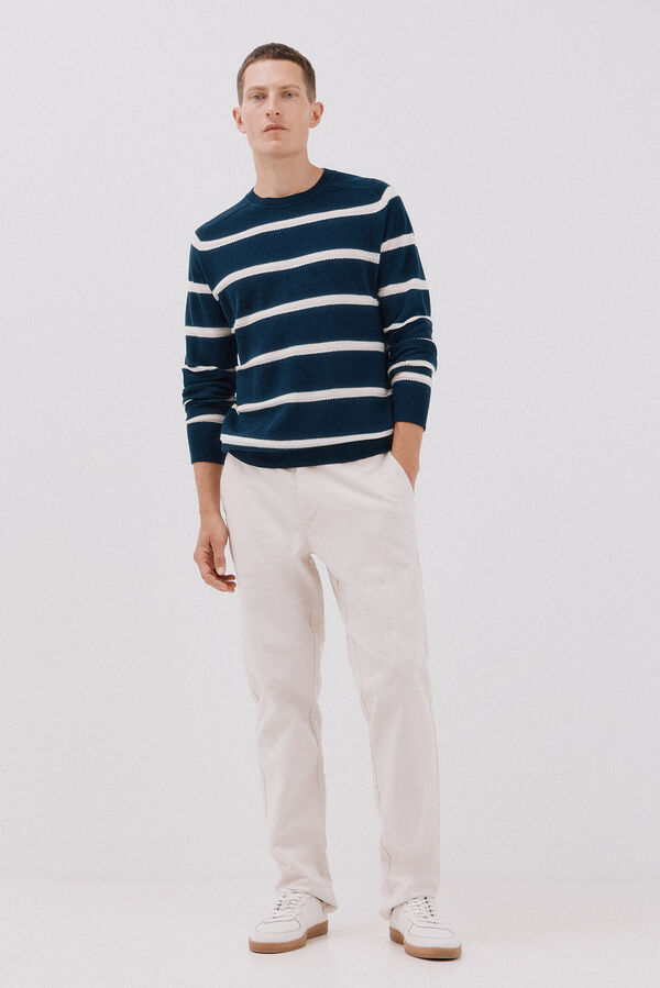 Cortefiel Suéter tejido fino rayas cuello redondo  Azul marino