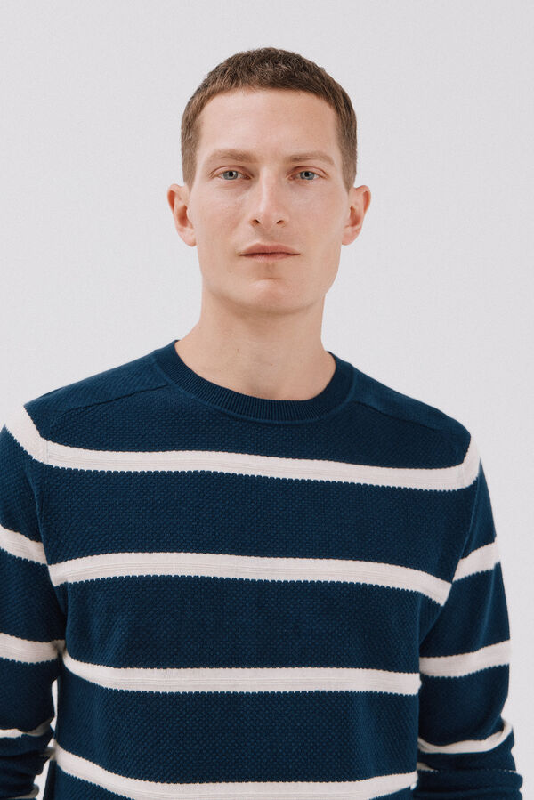 Cortefiel Suéter tejido fino rayas cuello redondo  Azul marino