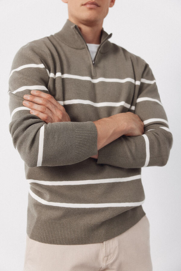 Cortefiel Jersey punto rayas cuello con cremallera Kaki