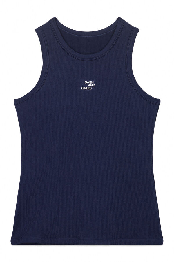 Dash and Stars Playera de algodón acanalado azul con cuello cuello halter azul