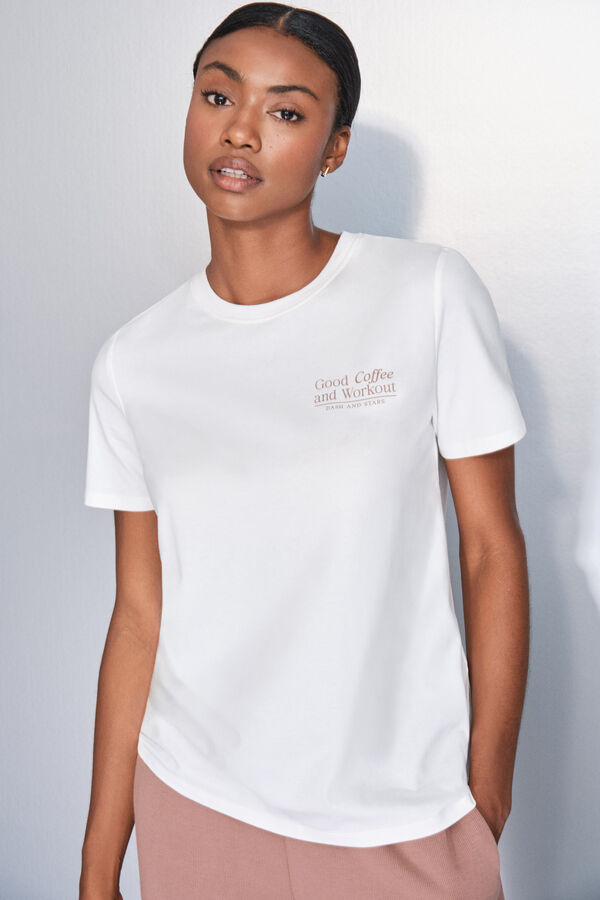 Dash and Stars Playera blanca de manga corta de algod&oacute;n beige