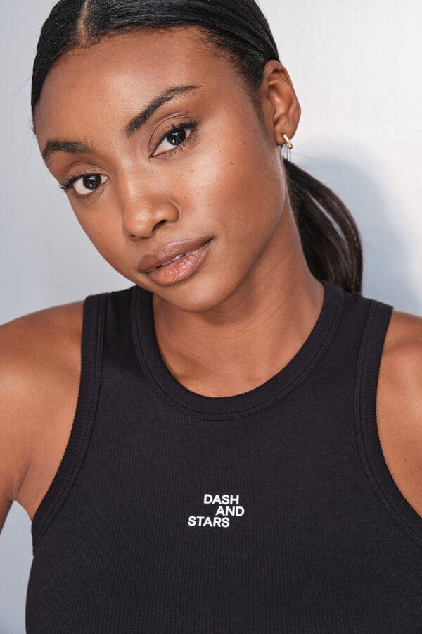 Dash and Stars Playera de algodón acanalado negra con cuello cuello halter negro