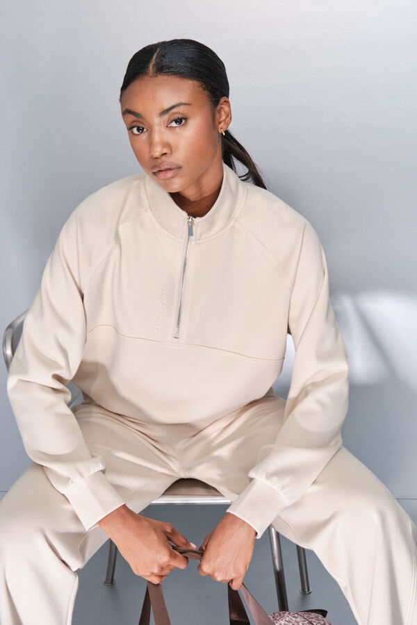 Dash and Stars Sudadera beige con cierre en el cuello café