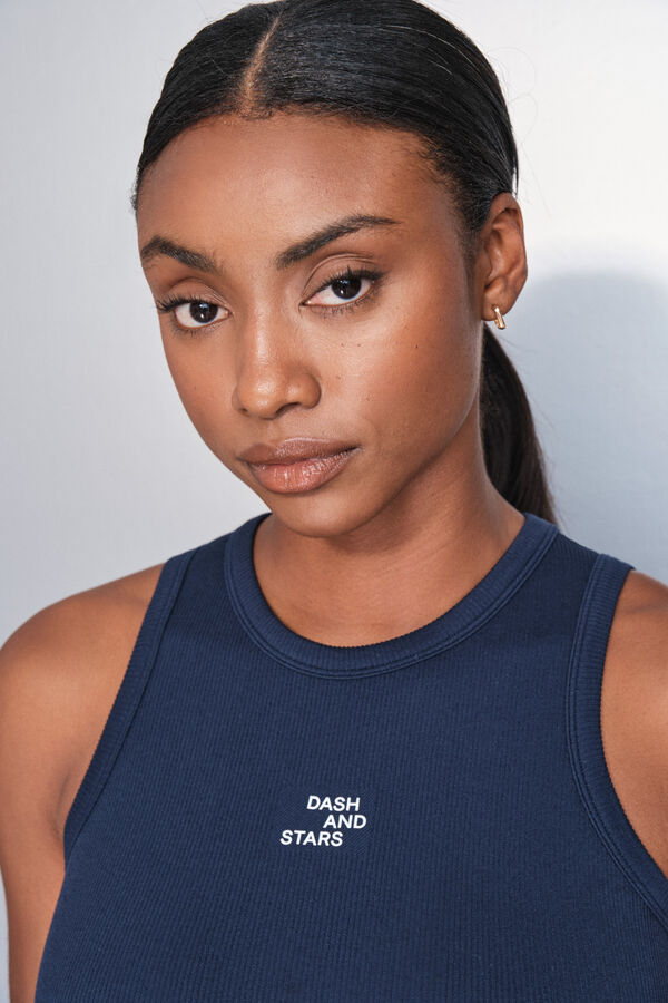 Dash and Stars Playera de algodón acanalado azul con cuello cuello halter azul