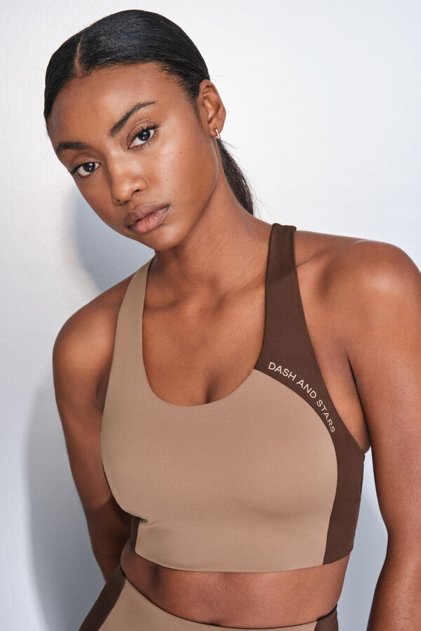 Dash and Stars Brasier deportivo con bloques de color 4D STRETCH caf&eacute;