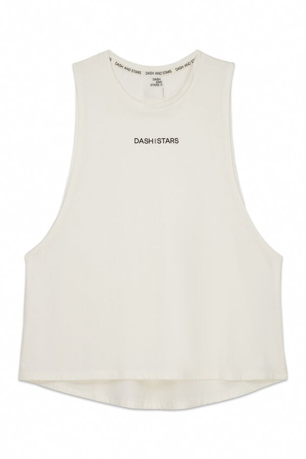 Dash and Stars Playera blanca de algodón con mangas cuello halter beige