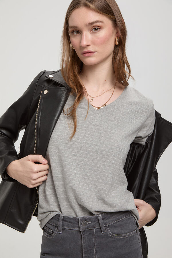 Fifty Outlet Camiseta de rayas soft touch cuello pico Gris Oscuro