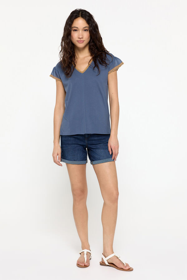 Fifty Outlet Playera cuello pico bordada Azul