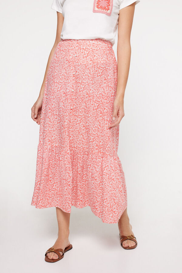 Milano Falda midi estampada. Rojo/Coral