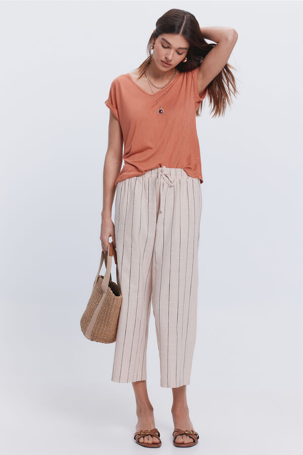 Fifty Outlet Camiseta efecto lino cuello pico Naranja