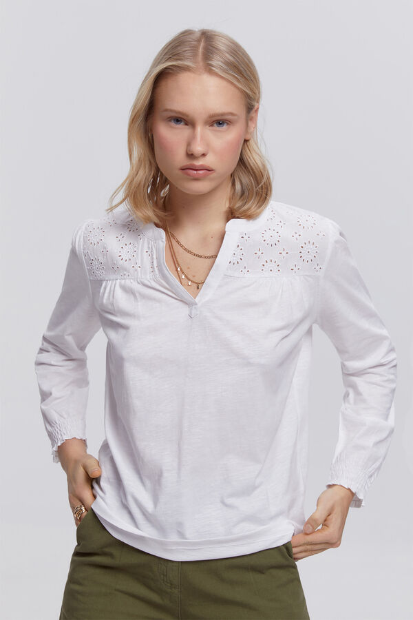 Fifty Outlet Playera manga larga canesú bordado Blanco