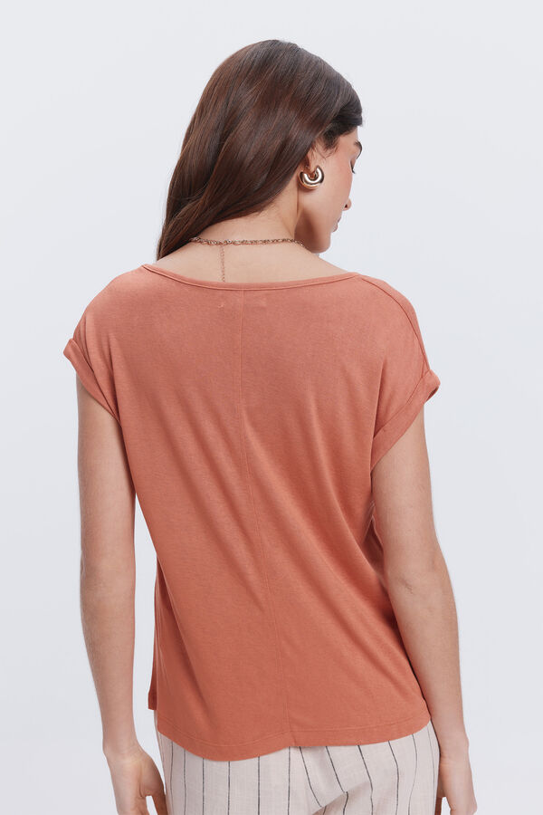 Fifty Outlet Camiseta efecto lino cuello pico Naranja