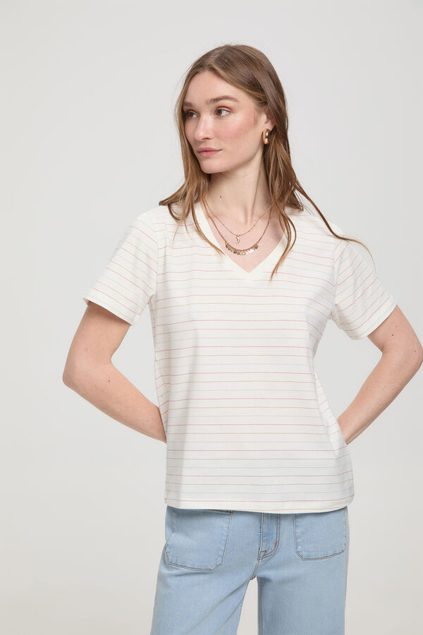 Fifty Outlet Camiseta de rayas soft touch cuello pico Blanco