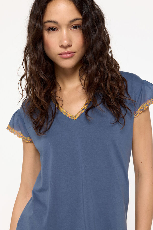 Fifty Outlet Playera cuello pico bordada Azul