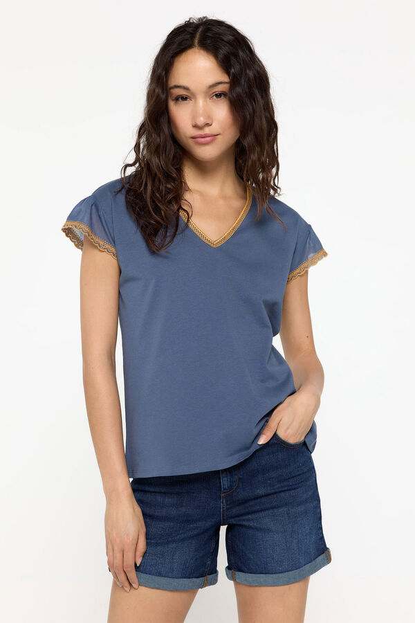 Fifty Outlet Playera cuello pico bordada Azul