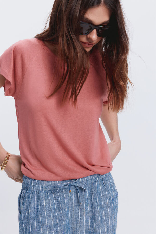 Fifty Outlet Camiseta efecto lino cuello caja Rojo/Coral