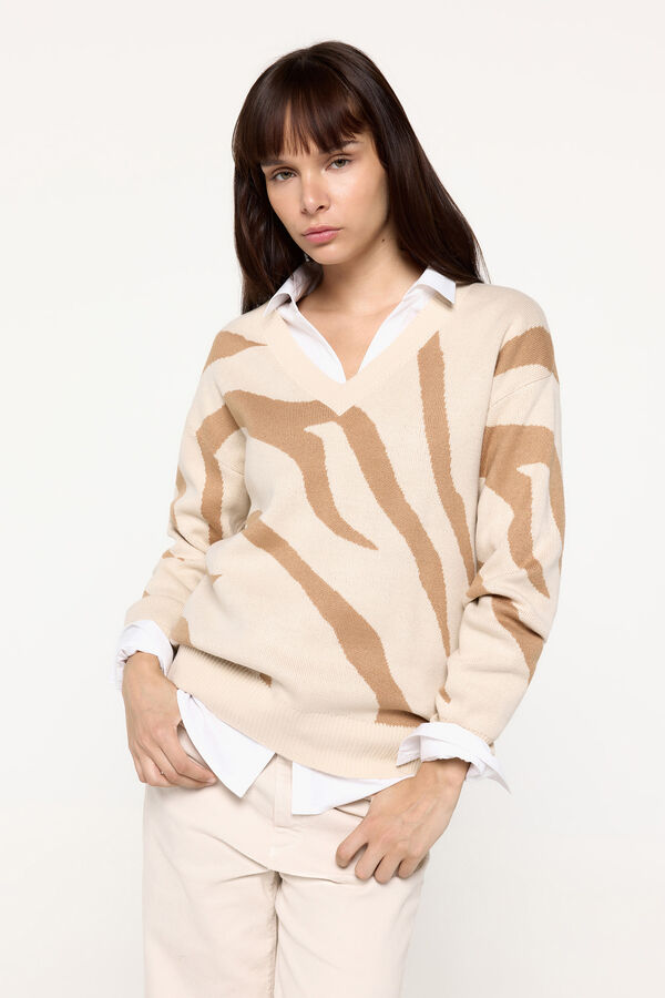 Fifty Outlet Suéter de pico con jacquard cebra Beige/Camel