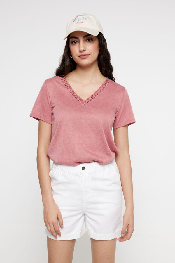 Milano Playera cuello pico efecto lino Rosa