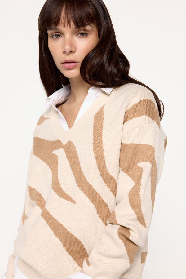 Fifty Outlet Suéter de pico con jacquard cebra Beige/Camel