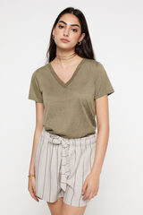 Milano Playera cuello pico efecto lino Beige