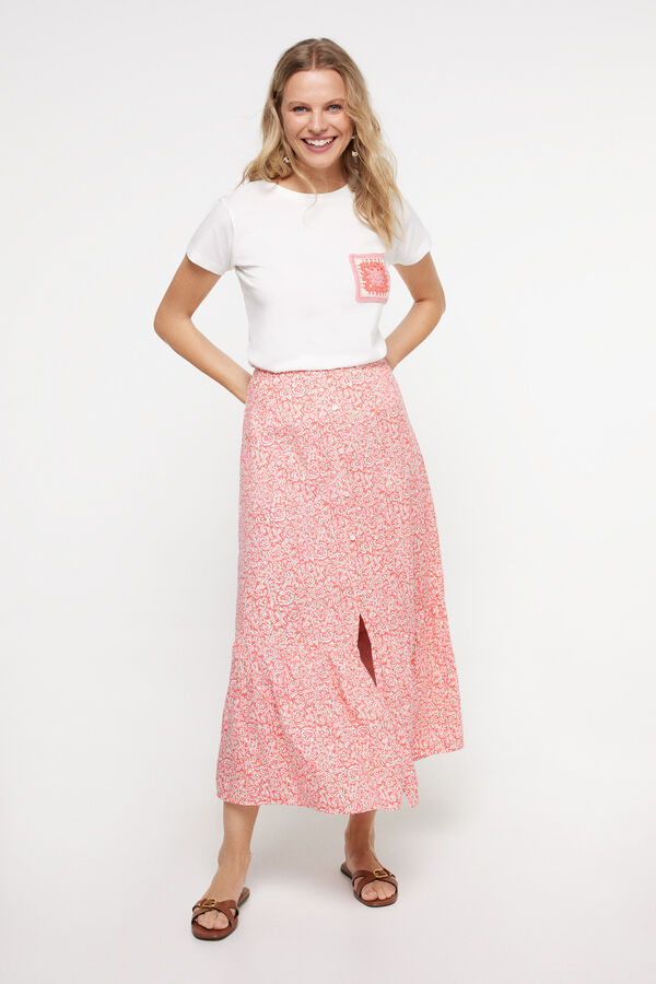 Milano Falda midi estampada. Rojo/Coral