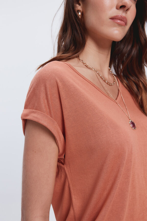 Fifty Outlet Camiseta efecto lino cuello pico Naranja