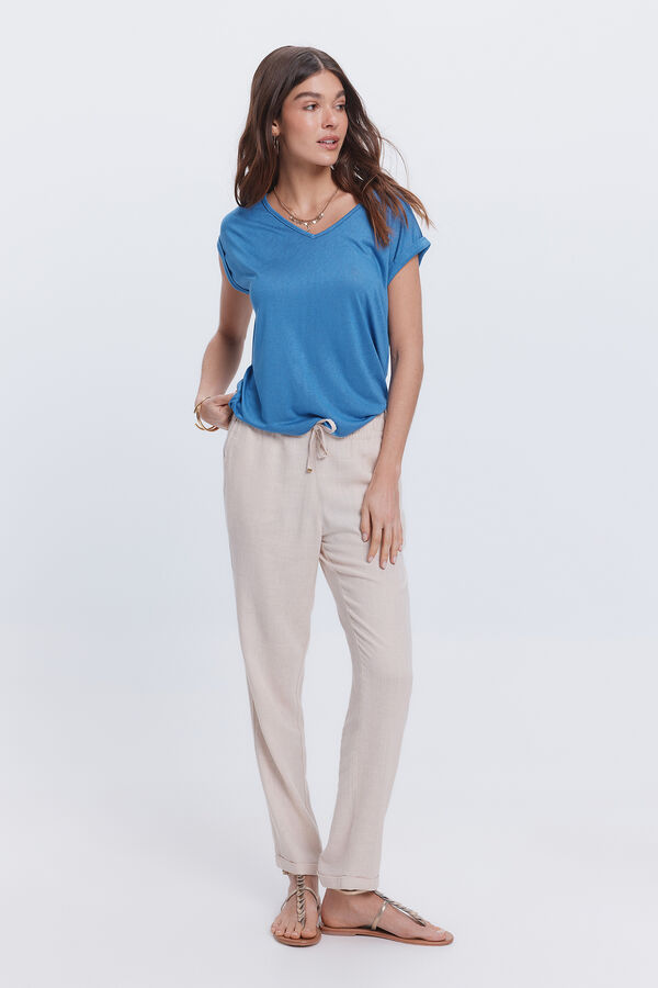 Fifty Outlet Camiseta efecto lino cuello pico Azul