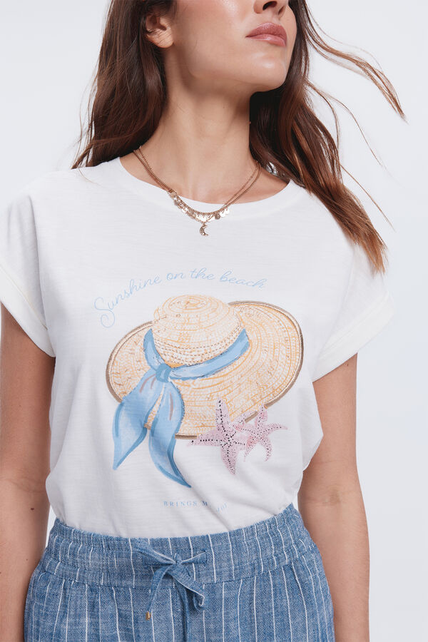 Fifty Outlet Camiseta manga vuelta con print frontal Marfil
