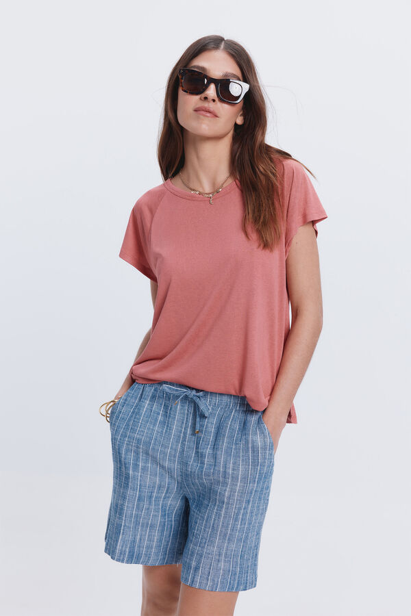 Fifty Outlet Camiseta efecto lino cuello caja Rojo/Coral