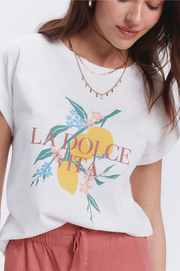 Fifty Outlet Camiseta manga vuelta con print frontal natural