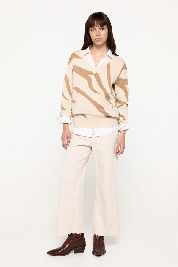 Fifty Outlet Suéter de pico con jacquard cebra Beige/Camel
