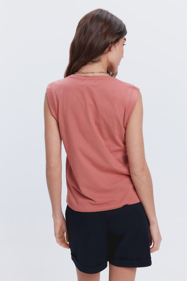 Fifty Outlet Camiseta cuello pico nido de abeja en hombros Rojo/Coral