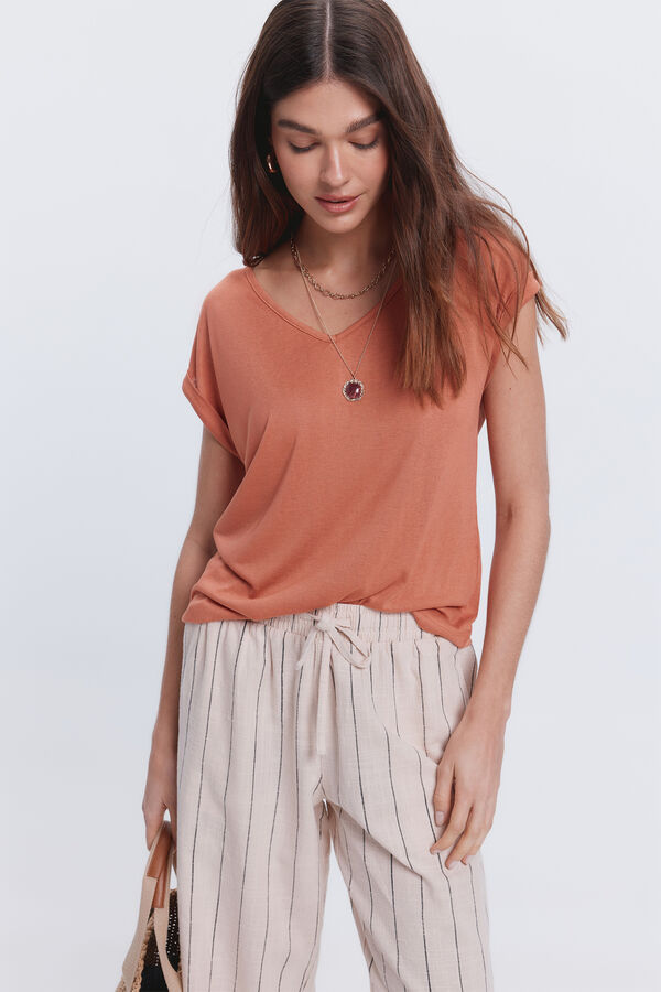 Fifty Outlet Camiseta efecto lino cuello pico Naranja